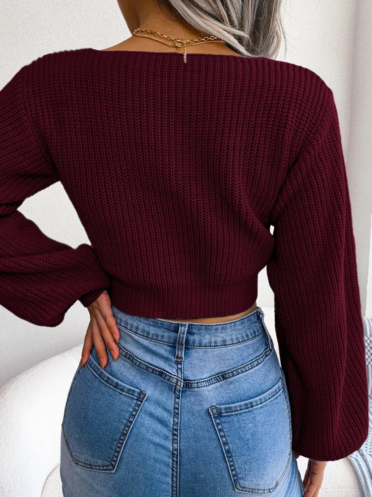 Women’s V-Neck Tie-Front Knit Sweater Top – Lantern Sleeves