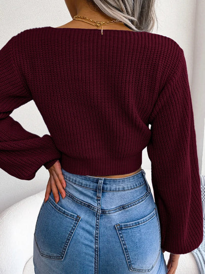 Women’s V-Neck Tie-Front Knit Sweater Top – Lantern Sleeves