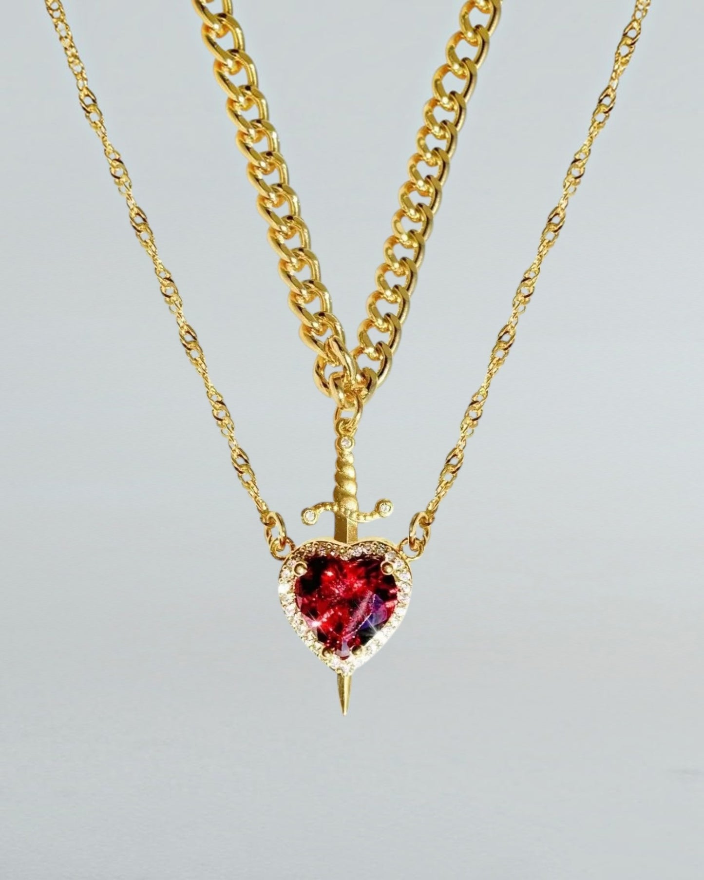 Heart & Sword Couple Necklace — Zirconia Pendant | Romantic Valentine's Gift