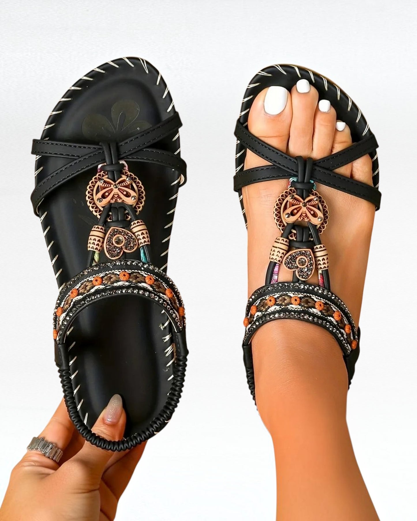 Women's Bohemian Flat Sandals – Beaded Open Toe Summer Shoes